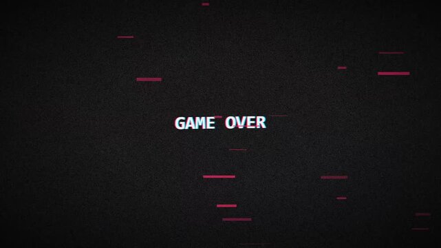 Video glitch effect showing game over screen with play button overlay