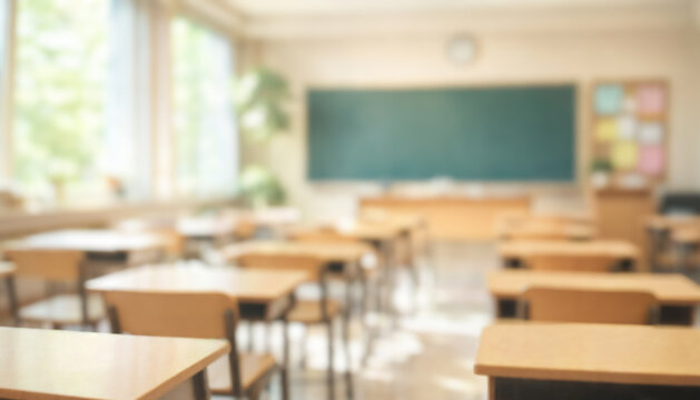 Classroom stands empty, with wooden desks arranged toward green chalkboard. Sunlight brightens blurred tables, chairs and windows, giving this quiet learning space warm, inviting feel.