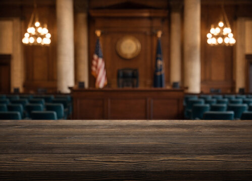 Wooden table fills foreground of empty courtroom, facing blurred judges bench, flags and audience seating. Dignified American legal chamber conveys impartiality and public justice.