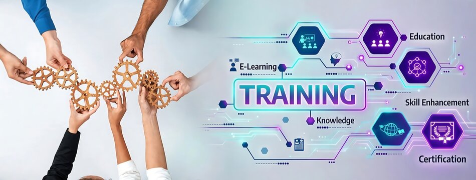 Hands assembling a puzzle beside a TRAINING e-learning banner