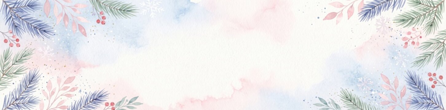 Watercolor winter banner with blue and green pine branches, red berries, and soft pink foliage on a white background