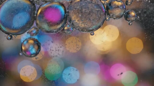 Slow motion tracking shot of oil bubbles floating and merging on glass with colorful bokeh lights in studio macro closeup