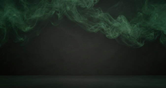 Wispy green smoke clouds floating over a dark gray surface, horizontal studio background
