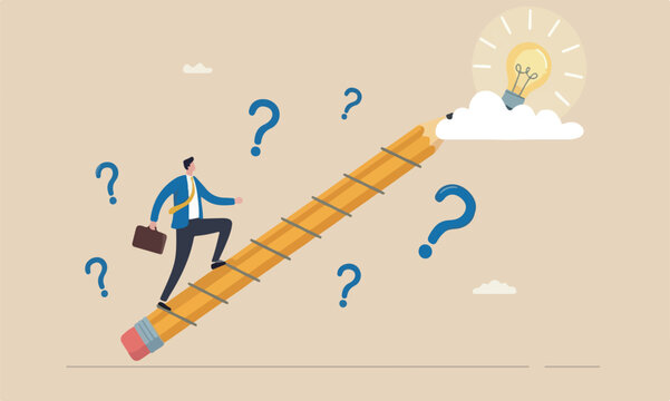Businessman climbing a long pencil staircase toward a glowing lightbulb on a cloud in the sky