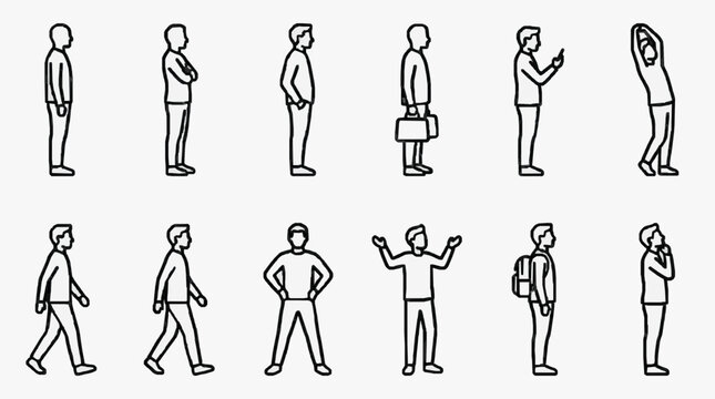 Professional line art depicting various human poses and gestures for presentations