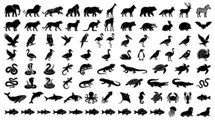 Fototapeta premium Collection of Diverse Animal Silhouettes on Transparent Background