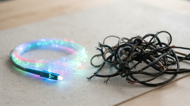 Colorful coiled cable and tangled damaged wire contrast on gray surface suggesting economic imbalance through contrasting condition