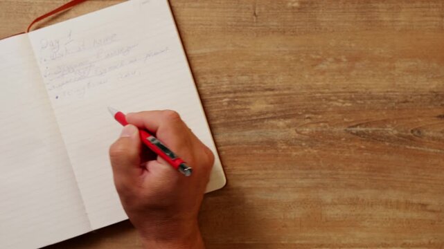 Man marks completed task with a question and crosses it out in notebook on desk workspace