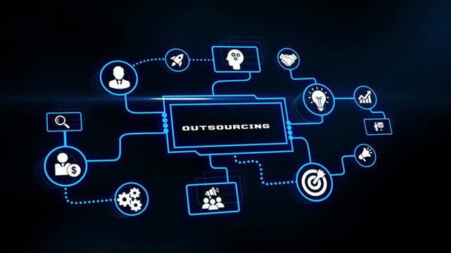 Outsourcing concept on digital screen with business, technology and network icons.