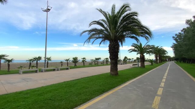 A palm-lined seafront path and promenade extend beside the Black Sea in Batumi. This location footage supports resort development proposals, waterfront planning and coastal property campaigns.
