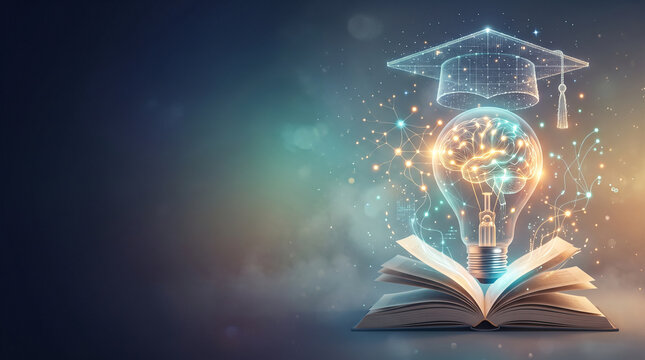 Glowing human brain inside light bulb above open book with graduation cap, 3D render of academic intelligence and creative learning
