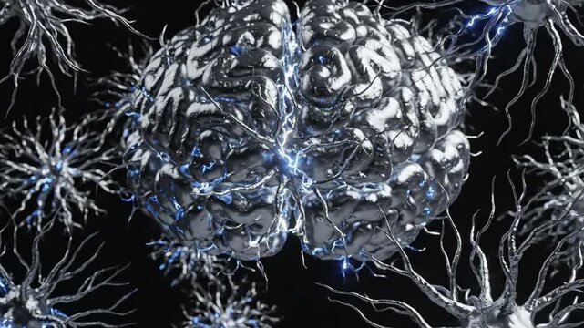 Slow motion tracking pan of metallic brain and neuron network sparking and transmitting electric signals in dark studio background