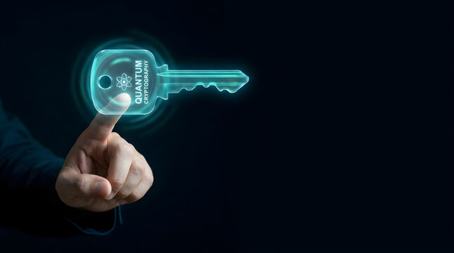 A hand touching a glowing digital key icon representing quantum cryptography on a dark background