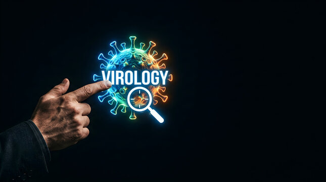 A person pointing at a glowing digital virus illustration with the word virology on black background