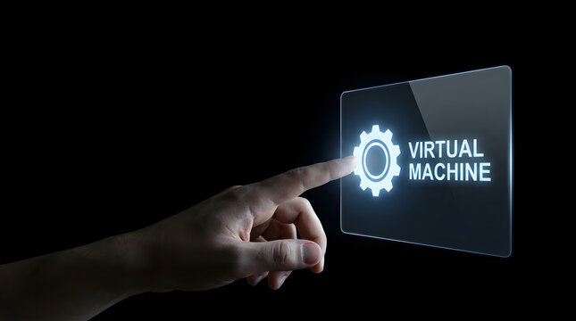 A person touching a glowing virtual machine interface button on a dark background