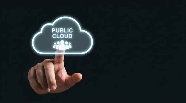 A person touching a glowing public cloud digital icon against a dark background