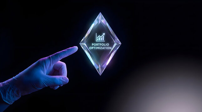 A person wearing a glove touching a glowing crystal with portfolio optimization text