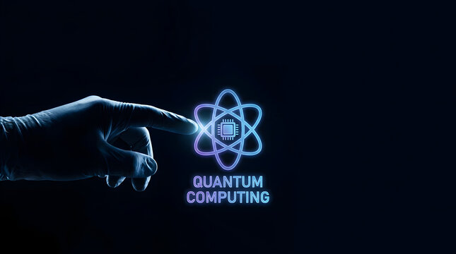 A person wearing a surgical glove touches a glowing neon quantum computing icon on black