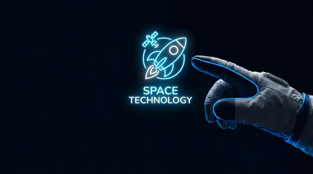 Astronaut glove touching a glowing neon space technology icon on a dark background