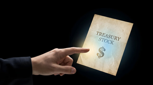 Business person pointing at a floating vintage paper document labeled as treasury stock