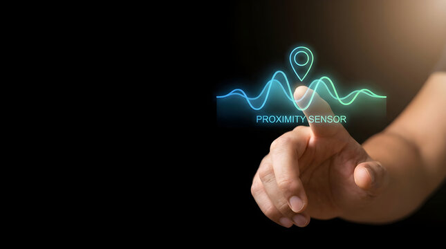 Person touching a digital interface showing a proximity sensor icon with interacts glowing digital