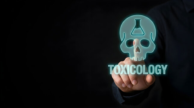 Person touching a digital neon toxicology skull icon on a dark background