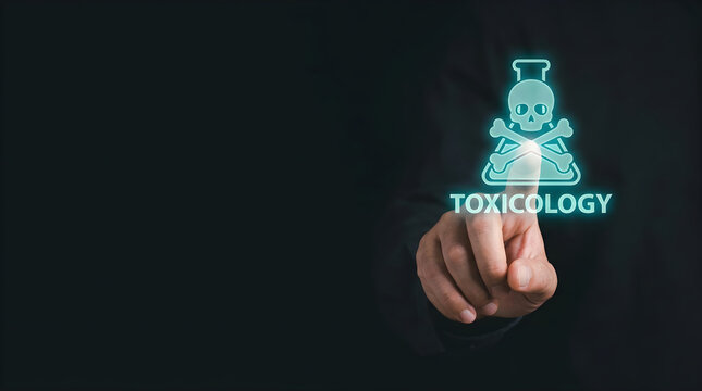 Person touching a glowing digital toxicology icon on a dark background