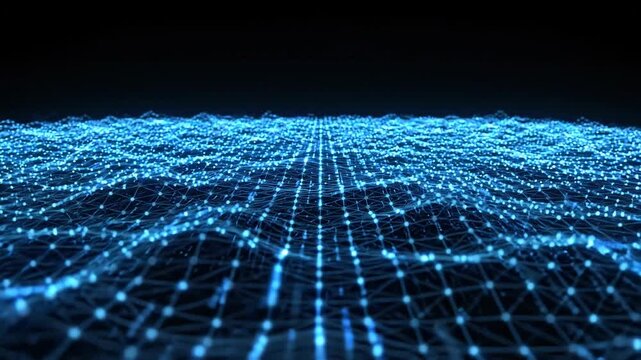 Blue wireframe wave on a dark background with glowing grid lines, floating particles and soft depth. Abstract technology image for digital signal, data flow, virtual network and futuristic interface