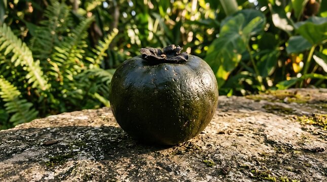 Black sapote fruit resting on a mossy stone in a tropical garden