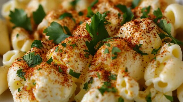 selective focus close-up of popcorn with chili powder lime juice and fresh cilantro garnish