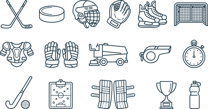 Ice Hockey Equipment and Winter Championship Tournament Line Icon Vector Set Featuring Essential Athletic Game Symbols for Sports Team Branding and Mobile Applications