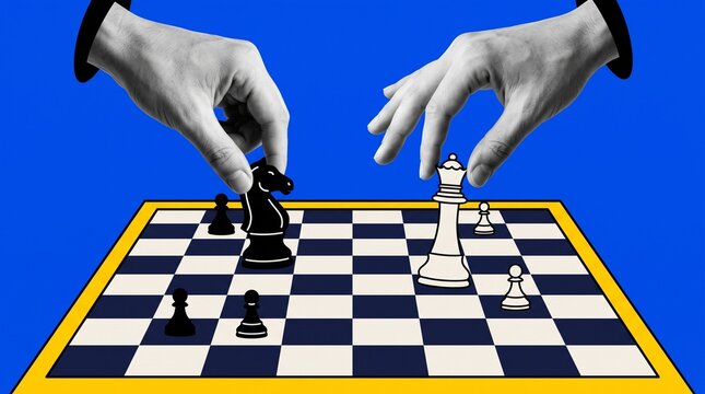 Black knight and white queen chess pieces moved by hands on vibrant blue background for business strategy.