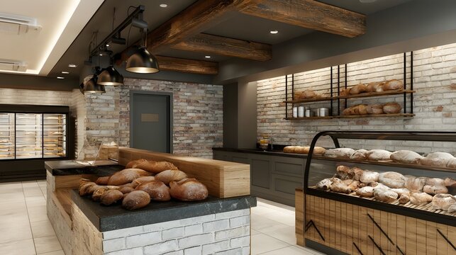 Modern bakery interior with rustic brick walls  wooden beams  and fresh bread displayed on counters and shelves