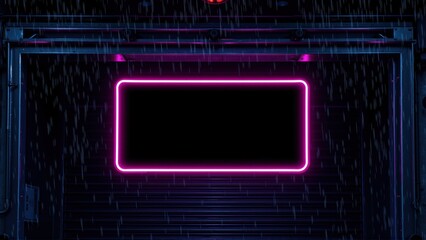 Fototapeta premium Neon rectangle framed within dark metallic structure. Rain streaks visible, creating futuristic ambiance. Minimalist composition, intense contrast.