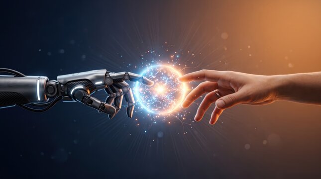 Futuristic concept of artificial intelligence and human collaboration, robotic hand touching human finger, glowing digital sphere between hands, technology meeting humanity