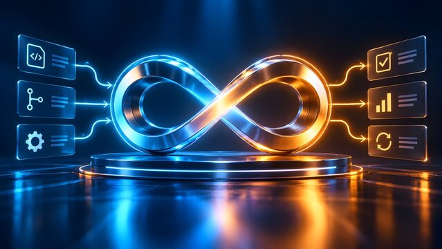 Glowing infinity symbol on platform connecting to digital interface panels representing devops and continuous integration workflow