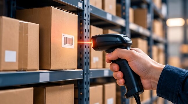 Close-up of a worker's hand using a handheld barcode scanner with a red laser to scan a package on a warehouse shelf, focusing on logistics, supply chain management, and automated inventory systems.