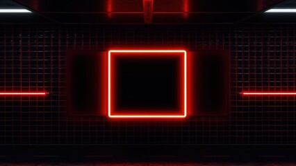 Fototapeta premium Dark tunnel features glowing red neon square. Grid pattern walls create futuristic ambiance. Minimalist design emphasizes light contrast.