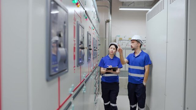 Two engineers in hard hats inspect electrical switchgear in a control room, discussing panel readings and reviewing a clipboard during a safety check.