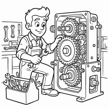 Detailed black and white illustration of a mechanic inspecting complex industrial machinery gears, concept for industry publications, equipment suppliers and technical manuals