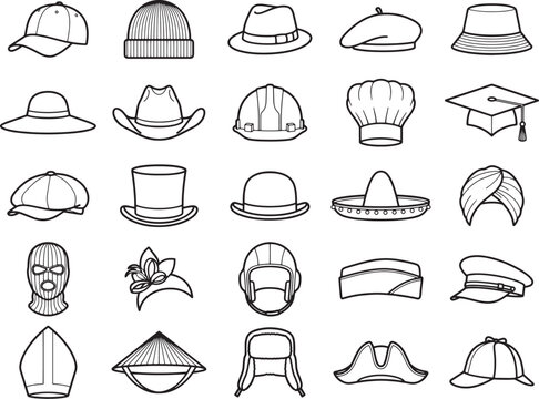 A collection of diverse hat icons showcases a variety of headwear styles, from casual caps to formal fedoras, presented in a clean, graphic illustration.