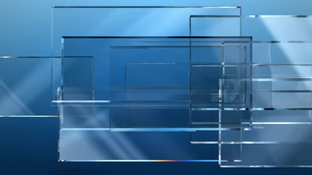 Panning shot of glass panes sliding across gradient blue background in studio with floating transparent rectangular panels