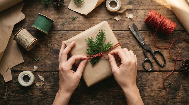 Hands wrapping gift with brown paper and twine