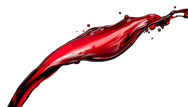 Photorealistic red wine pouring in a smooth, continuous stream, rich ruby-red color with glossy highlights, natural fluid motion and subtle droplets and splashes, isolated as a clean cutout on a fully