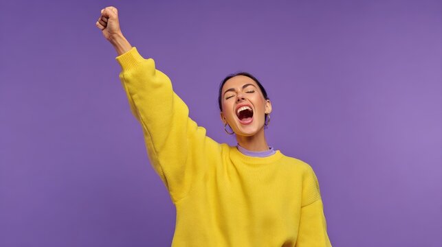 Photo of ecstatic lady shout loud yeah fist up raise win lottery isolated bright shine color background