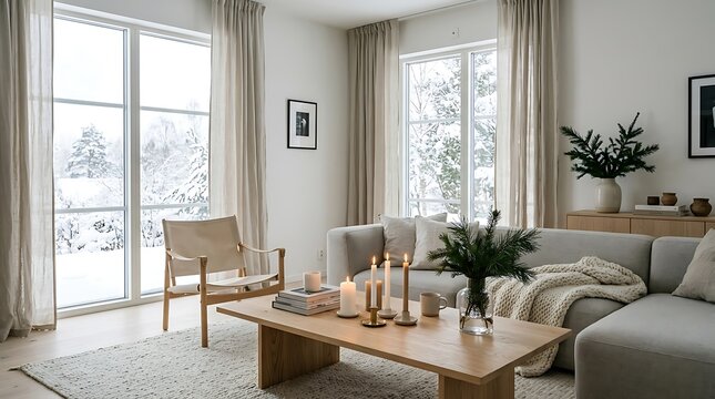 Scandinavian living room interior with winter snowy view