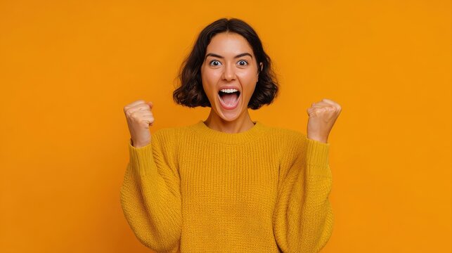 Photo of ecstatic lady shout loud yeah fist up raise win lottery isolated bright shine color background