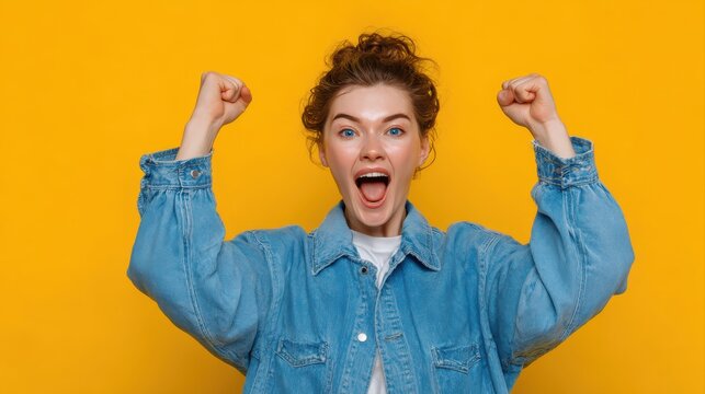 Photo of ecstatic lady shout loud yeah fist up raise win lottery isolated bright shine color background