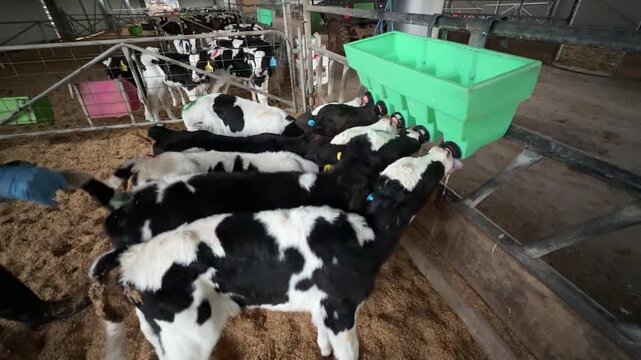 Row of Holstein calves feeding side by side from a green teat trough in a calf shed on a dairy farm