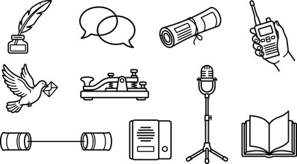 History of communication icon set with vector line art designs representing vintage message sending technology elements © MDRAFIUL